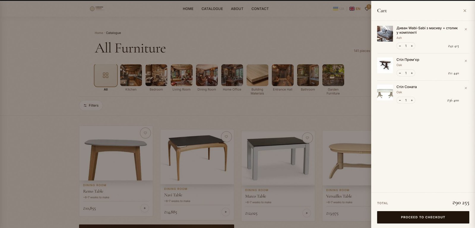 Ukraine Timber’s side cart with three pieces of furniture, their quantities and prices, and the button to go to payment.